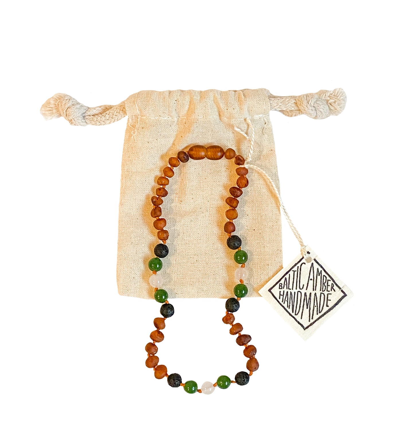 Kids Raw Amber Necklace - Lava + Jade + Agate